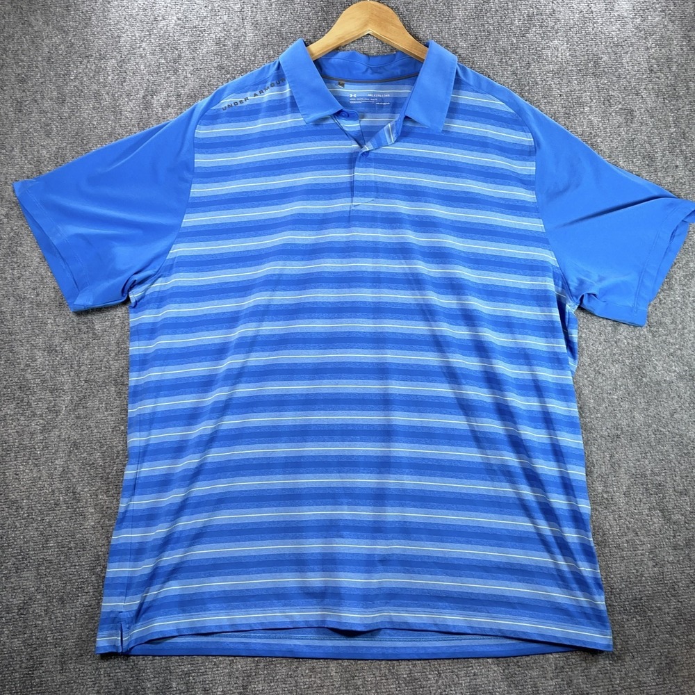 Under Armour Polo Mens 3XL Short Sleeve Blue Stripes Loose Heatgear #AC177